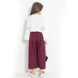 Planet Gates white and wine red / 6 Teenage Girls Clothing Set Long Sleeve Shirt Top Wide Leg Pants Two Piece Clothes Sets 2018 Spring Fall New Big Girl Suits