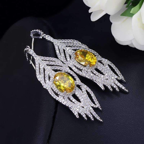 Planet Gates White ANGELCZ Trendy CZ Feather Drop Dangle Pave Round Yellow Stone Crystal Bohemian Long Tassel Earrings With 925 Silver Pins AE214