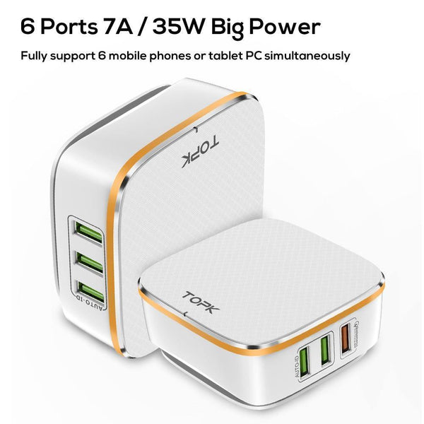Planet Gates White / AU TOPK 35W Quick Charge 2.0 6-Port USB Charger EU US UK AU Plug 5V/7A Travel Wall Fast Charger Adapter Mobile Phone Universal