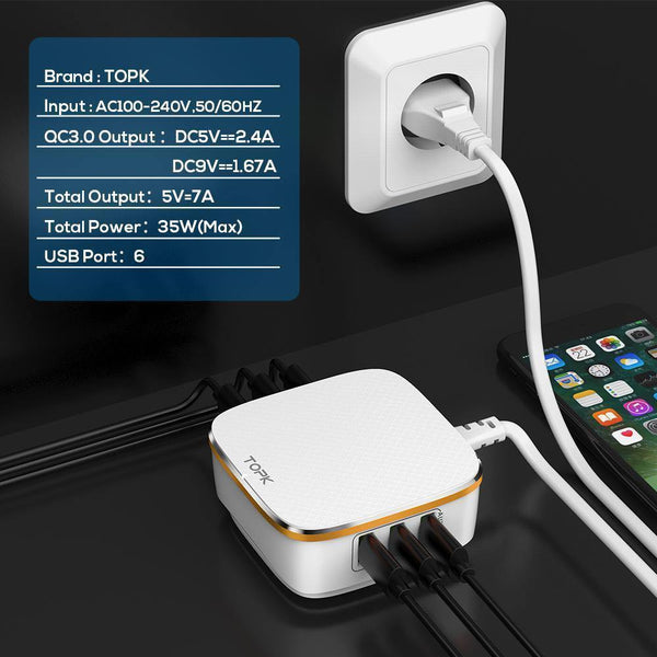 Planet Gates White / AU TOPK 35W Quick Charge 2.0 6-Port USB Charger EU US UK AU Plug 5V/7A Travel Wall Fast Charger Adapter Mobile Phone Universal
