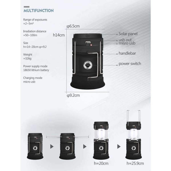 Planet Gates White / Black LED Solar Powered Collapsible Flashlights Portable Lamp LED Rechargeable Hand Lamp Hiking Camping Lantern Light Outdoor Lighting