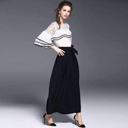 Planet Gates White black suit / S White Black Women Office Business Pants Suit Mandarin Flare Sleeve Lace Crop Top Wide Leg Pants Two Piece Set Suits