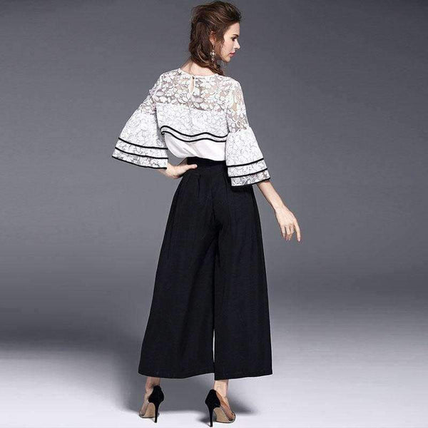Planet Gates White black suit / S White Black Women Office Business Pants Suit Mandarin Flare Sleeve Lace Crop Top Wide Leg Pants Two Piece Set Suits