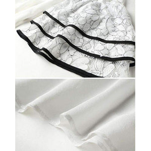 Planet Gates White black suit / S White Black Women Office Business Pants Suit Mandarin Flare Sleeve Lace Crop Top Wide Leg Pants Two Piece Set Suits