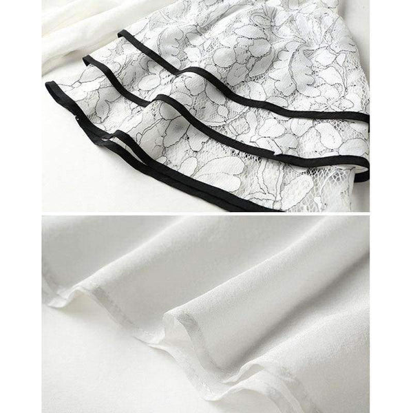 Planet Gates White black suit / S White Black Women Office Business Pants Suit Mandarin Flare Sleeve Lace Crop Top Wide Leg Pants Two Piece Set Suits