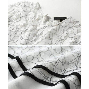 Planet Gates White black suit / S White Black Women Office Business Pants Suit Mandarin Flare Sleeve Lace Crop Top Wide Leg Pants Two Piece Set Suits