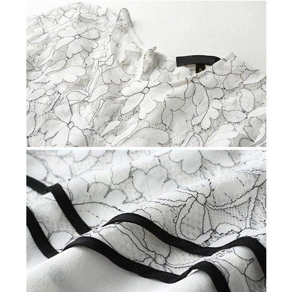 Planet Gates White black suit / S White Black Women Office Business Pants Suit Mandarin Flare Sleeve Lace Crop Top Wide Leg Pants Two Piece Set Suits