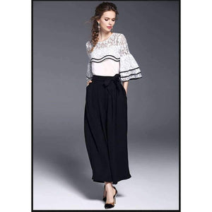 Planet Gates White black suit / S White Black Women Office Business Pants Suit Mandarin Flare Sleeve Lace Crop Top Wide Leg Pants Two Piece Set Suits
