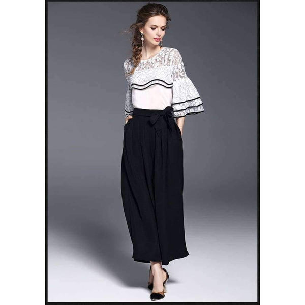 Planet Gates White black suit / S White Black Women Office Business Pants Suit Mandarin Flare Sleeve Lace Crop Top Wide Leg Pants Two Piece Set Suits