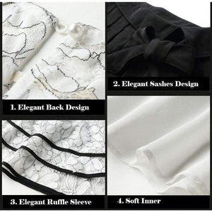 Planet Gates White black suit / S White Black Women Office Business Pants Suit Mandarin Flare Sleeve Lace Crop Top Wide Leg Pants Two Piece Set Suits