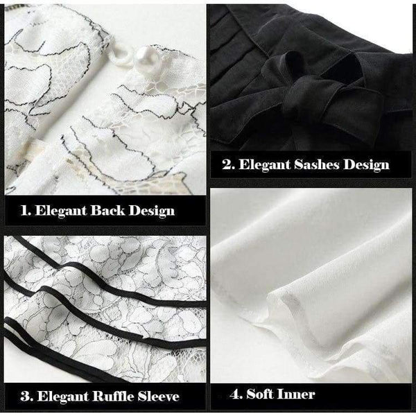 Planet Gates White black suit / S White Black Women Office Business Pants Suit Mandarin Flare Sleeve Lace Crop Top Wide Leg Pants Two Piece Set Suits