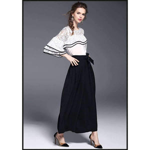 Planet Gates White black suit / S White Black Women Office Business Pants Suit Mandarin Flare Sleeve Lace Crop Top Wide Leg Pants Two Piece Set Suits
