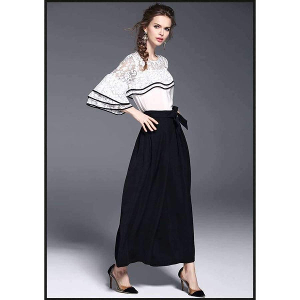 Planet Gates White black suit / S White Black Women Office Business Pants Suit Mandarin Flare Sleeve Lace Crop Top Wide Leg Pants Two Piece Set Suits