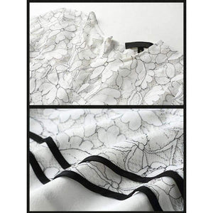 Planet Gates White black suit / S White Black Women Office Business Pants Suit Mandarin Flare Sleeve Lace Crop Top Wide Leg Pants Two Piece Set Suits