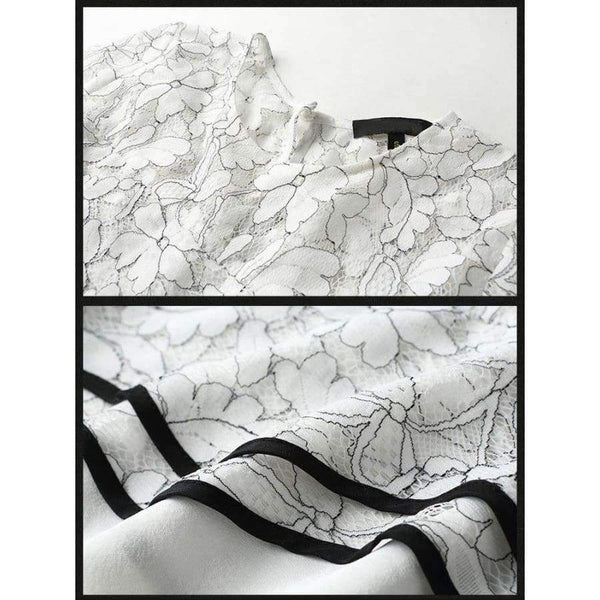 Planet Gates White black suit / S White Black Women Office Business Pants Suit Mandarin Flare Sleeve Lace Crop Top Wide Leg Pants Two Piece Set Suits