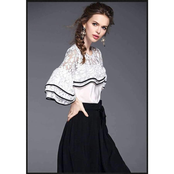 Planet Gates White black suit / S White Black Women Office Business Pants Suit Mandarin Flare Sleeve Lace Crop Top Wide Leg Pants Two Piece Set Suits