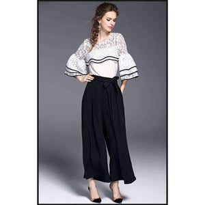 Planet Gates White black suit / S White Black Women Office Business Pants Suit Mandarin Flare Sleeve Lace Crop Top Wide Leg Pants Two Piece Set Suits