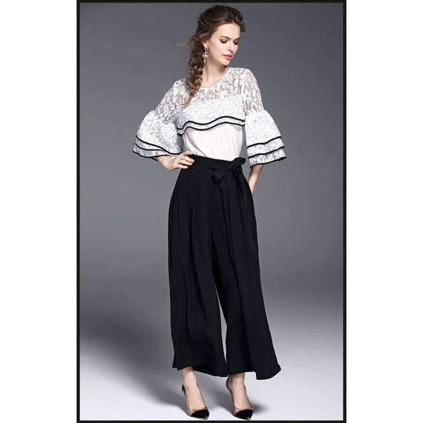 Planet Gates White black suit / S White Black Women Office Business Pants Suit Mandarin Flare Sleeve Lace Crop Top Wide Leg Pants Two Piece Set Suits