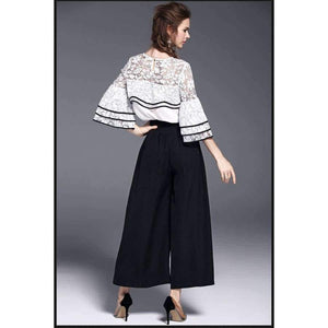 Planet Gates White black suit / S White Black Women Office Business Pants Suit Mandarin Flare Sleeve Lace Crop Top Wide Leg Pants Two Piece Set Suits