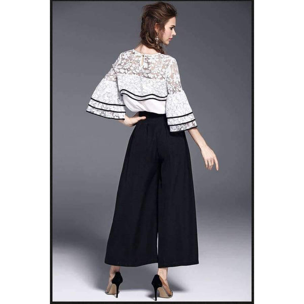 Planet Gates White black suit / S White Black Women Office Business Pants Suit Mandarin Flare Sleeve Lace Crop Top Wide Leg Pants Two Piece Set Suits