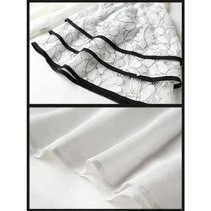 Planet Gates White black suit / S White Black Women Office Business Pants Suit Mandarin Flare Sleeve Lace Crop Top Wide Leg Pants Two Piece Set Suits