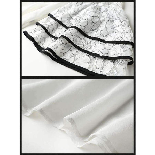 Planet Gates White black suit / S White Black Women Office Business Pants Suit Mandarin Flare Sleeve Lace Crop Top Wide Leg Pants Two Piece Set Suits