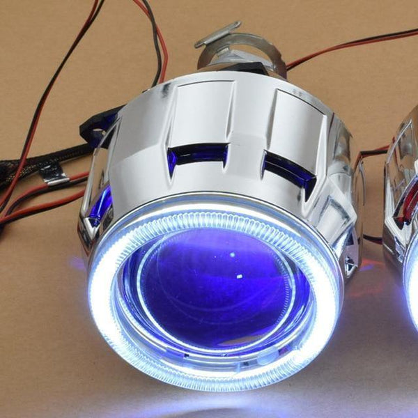 Planet Gates White Blue / China COB LED Angel Devil Eyes Bi xenon Lens Projector Headlight For Car Retrofit DIY W/ Daytime Running Lights 2.5'' H4 H7