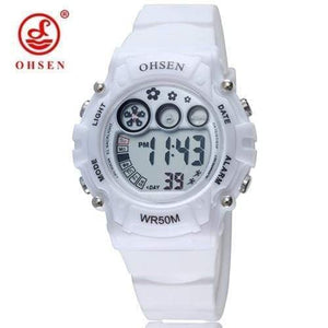 Planet Gates White Digital LCD kids girls Fashion Wristwatch White Silicone strap 50M Waterproof Child Boys Watches Alarm hand clocks