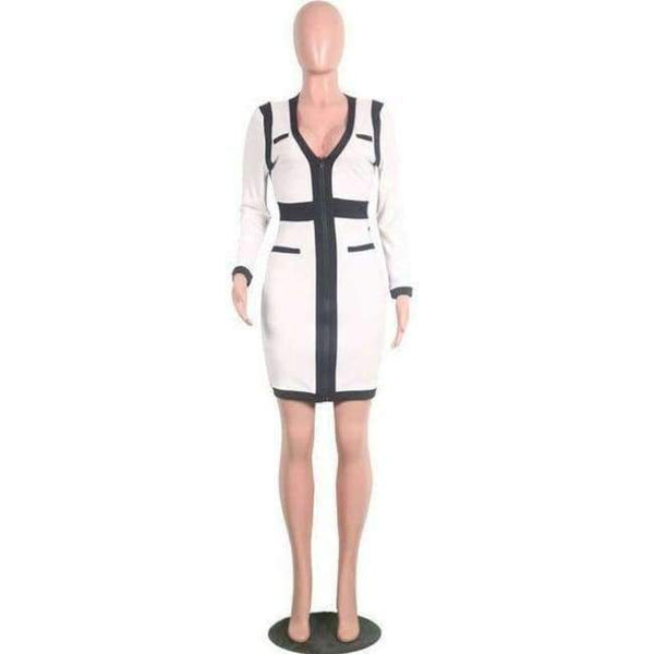 Planet Gates white dress / S Deep V Zipper Patchwork Mini Dress Vestido Autumn Long-Sleeved High Waist Pencil Dresses 2018 New Winter Bandage Dress
