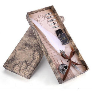 Planet Gates White English Calligraphy Feather Dip Pen Writing Ink Set Stationery Gift Box with 5 Nib