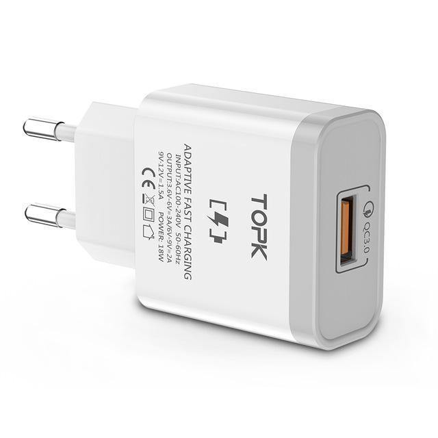 Planet Gates White EU Charger TOPK 18W Quick Charge 3.0 Fast Mobile Phone Charger EU Plug Wall USB Charger Adapter for Samsung Galaxy S8/S8+ Xiaomi Huawei