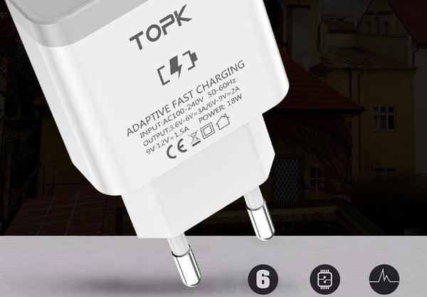 Planet Gates White EU Charger TOPK 18W Quick Charge 3.0 Fast Mobile Phone Charger EU Plug Wall USB Charger Adapter for Samsung Galaxy S8/S8+ Xiaomi Huawei