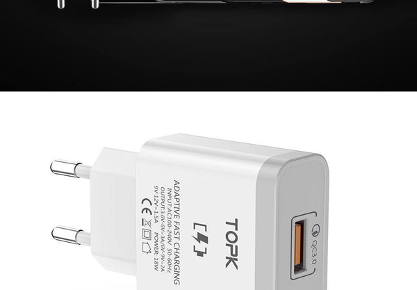 Planet Gates White EU Charger TOPK 18W Quick Charge 3.0 Fast Mobile Phone Charger EU Plug Wall USB Charger Adapter for Samsung Galaxy S8/S8+ Xiaomi Huawei