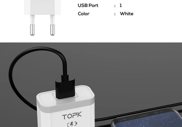 Planet Gates White EU Charger TOPK 18W Quick Charge 3.0 Fast Mobile Phone Charger EU Plug Wall USB Charger Adapter for Samsung Galaxy S8/S8+ Xiaomi Huawei
