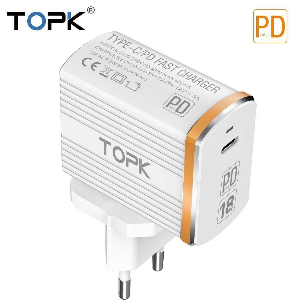 Planet Gates White / EU TOPK 18W Type C PD Fast Charging USB Charger for Samsung Galaxy S9 S8 Plus EU/UK Plug Phone Quick Charger