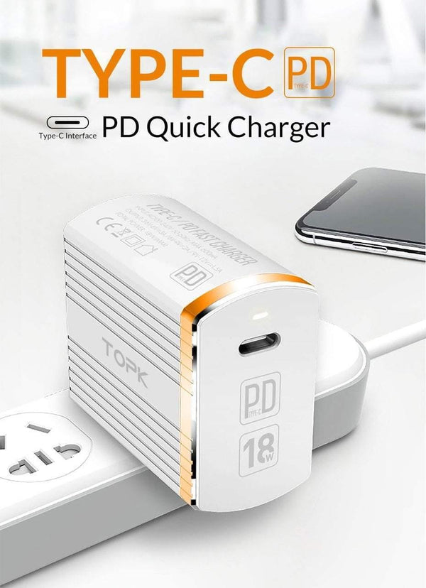 Planet Gates White / EU TOPK 18W Type C PD Fast Charging USB Charger for Samsung Galaxy S9 S8 Plus EU/UK Plug Phone Quick Charger