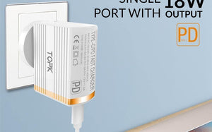 Planet Gates White / EU TOPK 18W Type C PD Fast Charging USB Charger for Samsung Galaxy S9 S8 Plus EU/UK Plug Phone Quick Charger