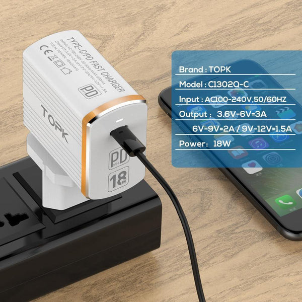 Planet Gates White / EU TOPK 18W Type C PD Fast Charging USB Charger for Samsung Galaxy S9 S8 Plus EU/UK Plug Phone Quick Charger