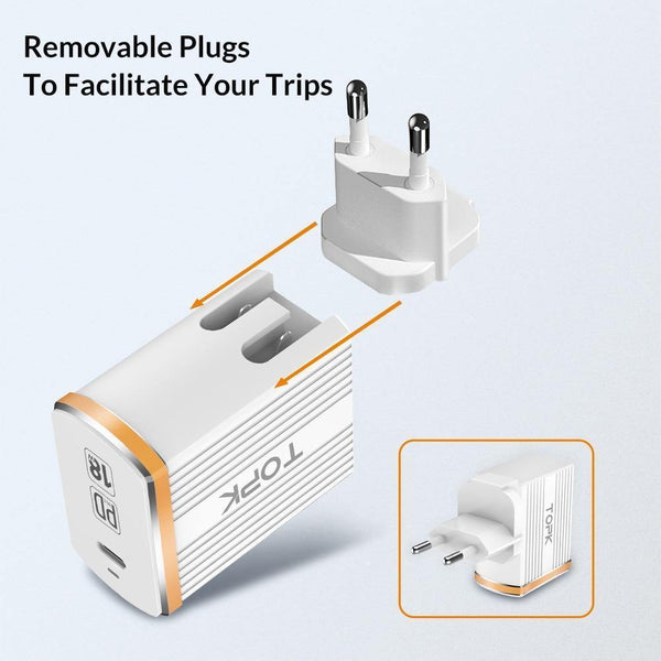 Planet Gates White / EU TOPK 18W Type C PD Fast Charging USB Charger for Samsung Galaxy S9 S8 Plus EU/UK Plug Phone Quick Charger