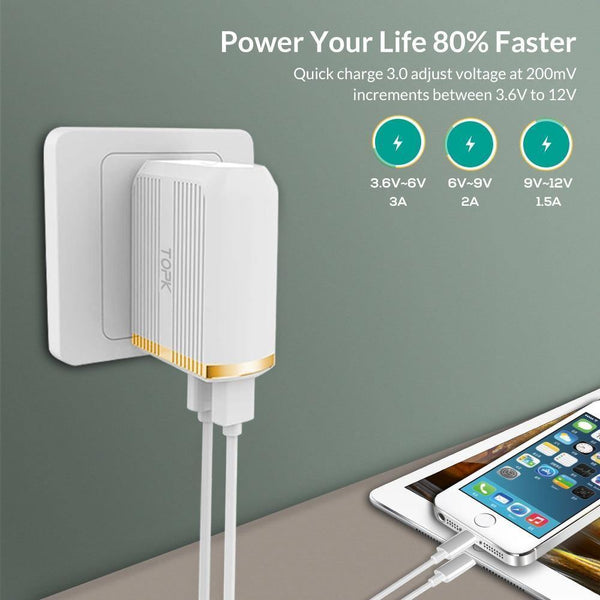 Planet Gates White / EU TOPK Mobile Phone Charger 30W USB Charger For iPhone Samsung Xiaomi Huawei Quick Charge 3.0 Fast Charger Dual USB Travel Adapter