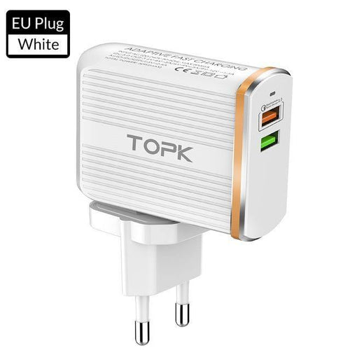 Planet Gates White / EU TOPK Mobile Phone Charger 30W USB Charger For iPhone Samsung Xiaomi Huawei Quick Charge 3.0 Fast Charger Dual USB Travel Adapter