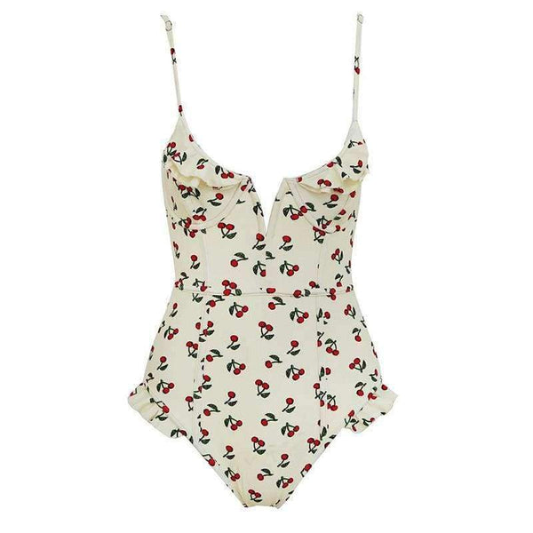 Planet Gates White Floral / L Vintage White/Black Floral Deep Plunging V Neck Lovely Ruffle Monokini Female Backless Swimwear Women One Piece Swimsuit