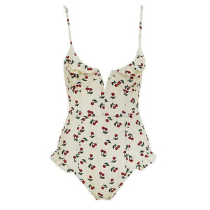 Planet Gates White Floral / L Vintage White/Black Floral Deep Plunging V Neck Lovely Ruffle Monokini Female Backless Swimwear Women One Piece Swimsuit