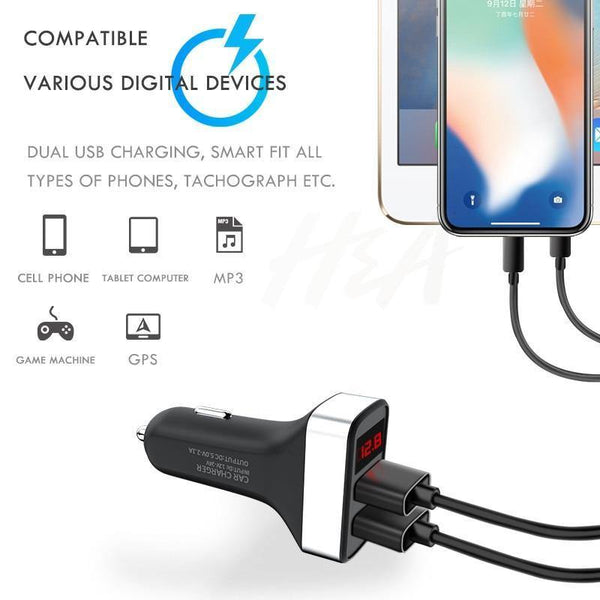 Planet Gates White-Gold H&A Dual USB Car Charger With LED Display Universal Phone Car-Charger for Samsung S8 S9 iPhone xs max 7 8 X Plus Quick Charger