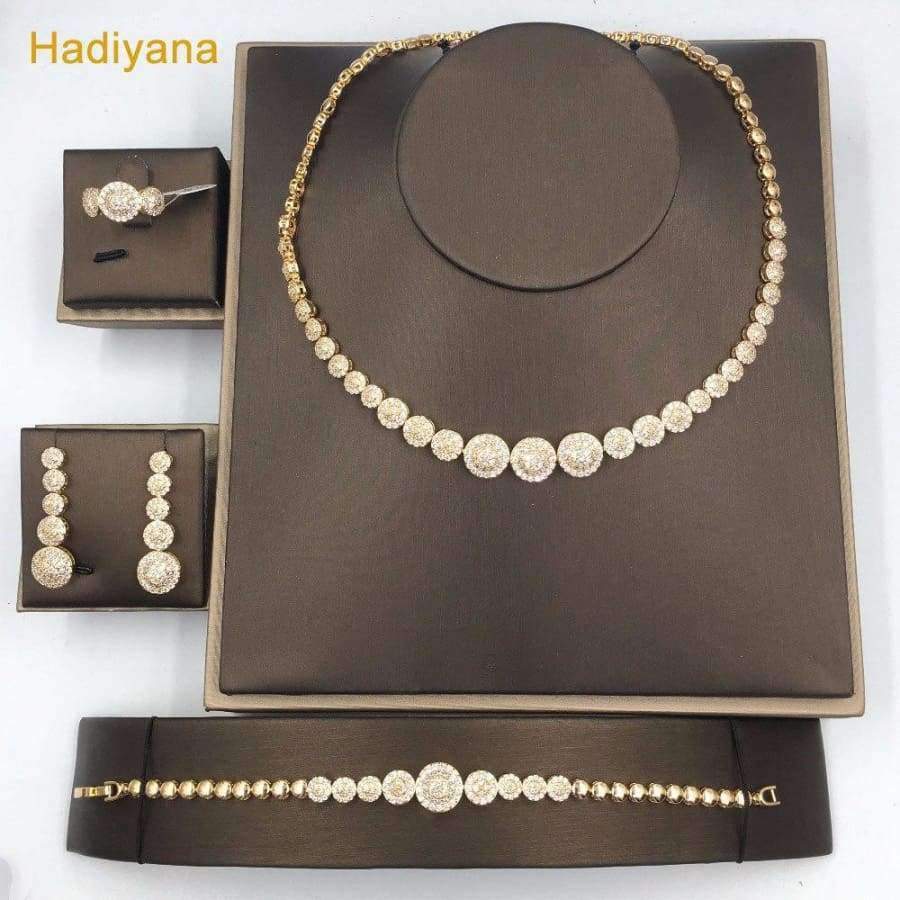 Planet Gates white gold plated / White / 17, 45cm New AAA Cubic Zircon 4pcs Jewelry Set For Woman Wedding Dubai Copper Necklace Sets With Earrings Bracelet Ring Hadiyana CN083