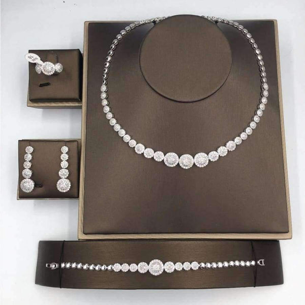 Planet Gates white gold plated / White / 17, 45cm New AAA Cubic Zircon 4pcs Jewelry Set For Woman Wedding Dubai Copper Necklace Sets With Earrings Bracelet Ring Hadiyana CN083