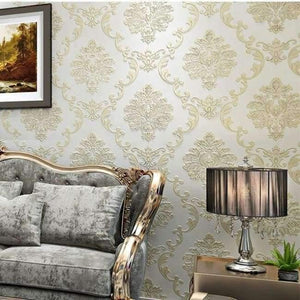 Planet Gates White Gold Yellow / 5.3㎡ European Style Non-woven Wallpaper Luxury Damask 3D Stereoscopic Relief Damascus Bedroom Living Room Wall Paper Home Decor Paper