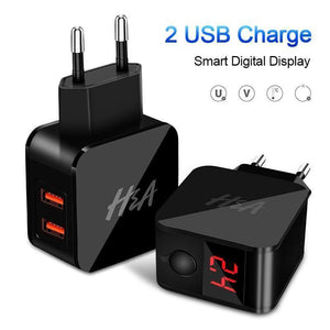 Planet Gates White H&A Universal EU Plug USB Charger 2 Port LED Display Phone Charger For iPhone Travel Wall Portable Smart Charger For Samsung S9