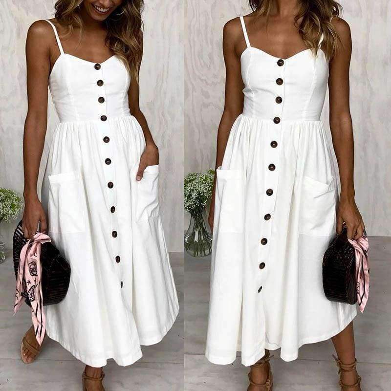 Planet Gates WHITE ISLAND 2018 New Fashion Sleeveless Backless Sexy Summer Dress Women Pure Color Single Button Off Shoulder Dress D004