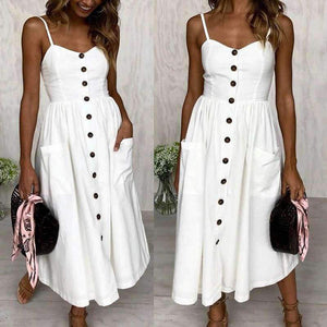 Planet Gates WHITE ISLAND 2018 New Fashion Sleeveless Backless Sexy Summer Dress Women Pure Color Single Button Off Shoulder Dress D004
